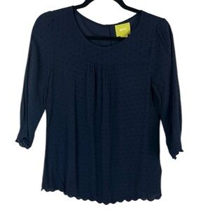 Anthropologie Maeve Swiss Dot 3/4 Sleeve Scallop Hem Blouse Size 4 Blue